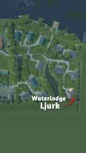 Luftbild des Geländes Pean-buiten Akkrum mit einem Pfeil zur Wasserlodge Ljurk
